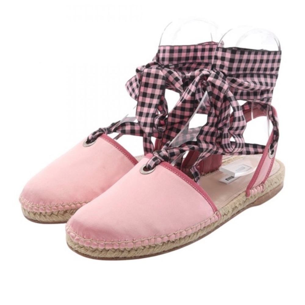 Miu Miu Pink Check gingham Espadrille Flats NIB NEW 37.5